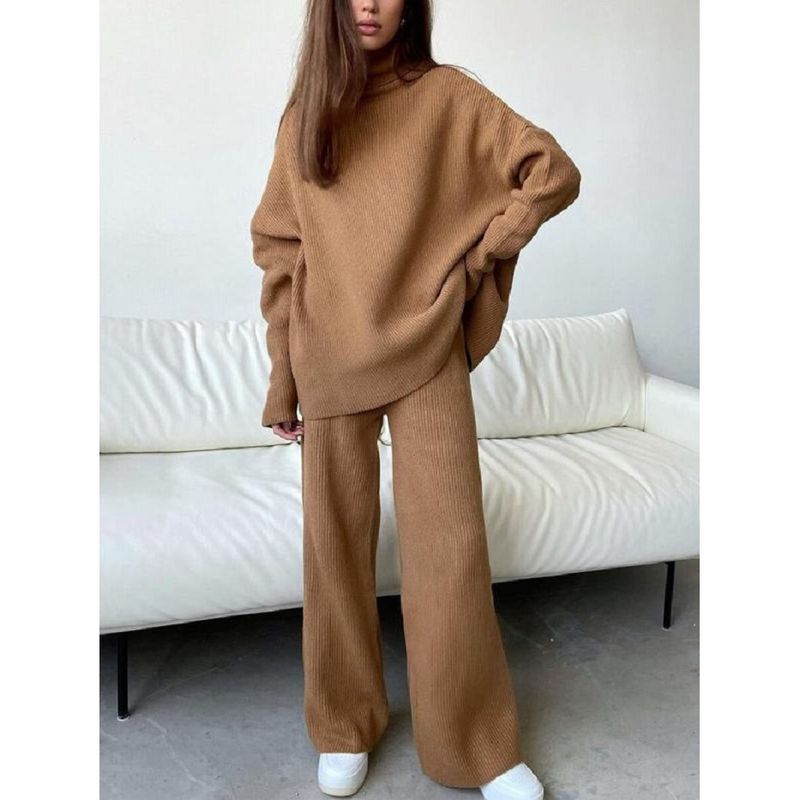 Women's Clothing long sleeved wide leg pants fashion loose high neck knitted casual two piece set_voghion.com