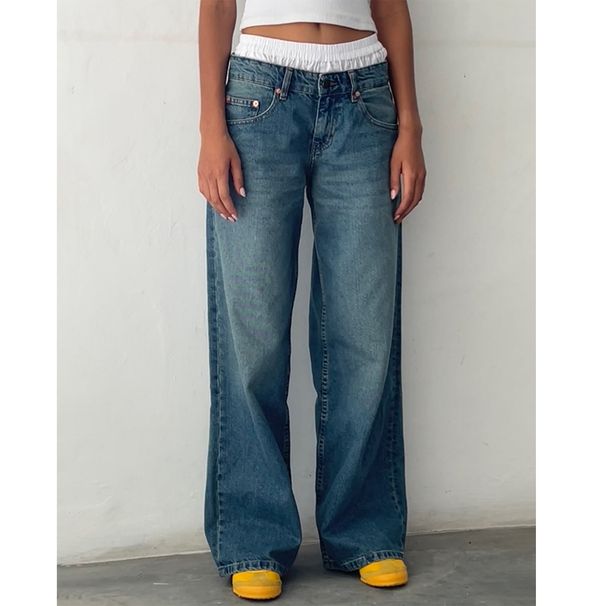 Abbigliamento da donna Jeans dritti lavati non elastici a vita bassa per le donne Pantaloni in denim a gamba larga per le donne_voghion.com