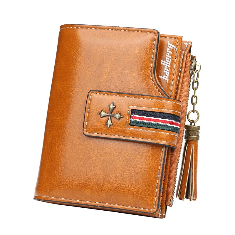 Baellerry – portefeuille court en cuir ciré coréen pour femmes, sac à pompon à la mode, fente multi-cartes, fermeture éclair, porte-monnaie_voghion.com