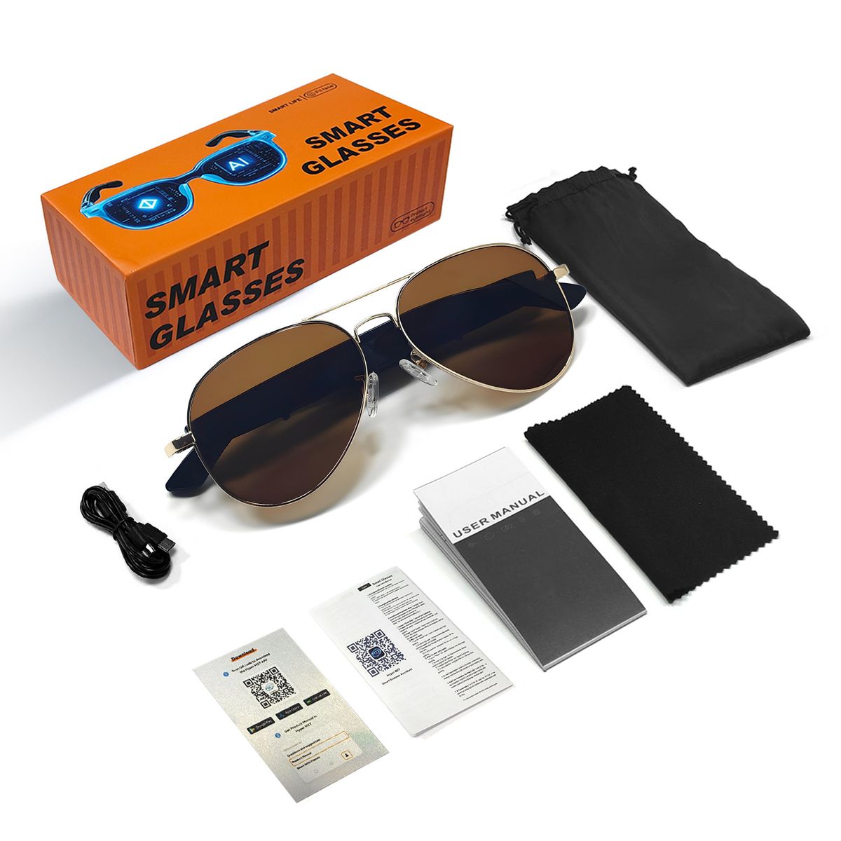 AI Translator Smart Glasses – Bluetooth 5.3, 100+ Language Real-Time Translation, Open-Ear Audio, Ultra-Light 38g (Gold/Tan & Silver/Gray)_voghion.com