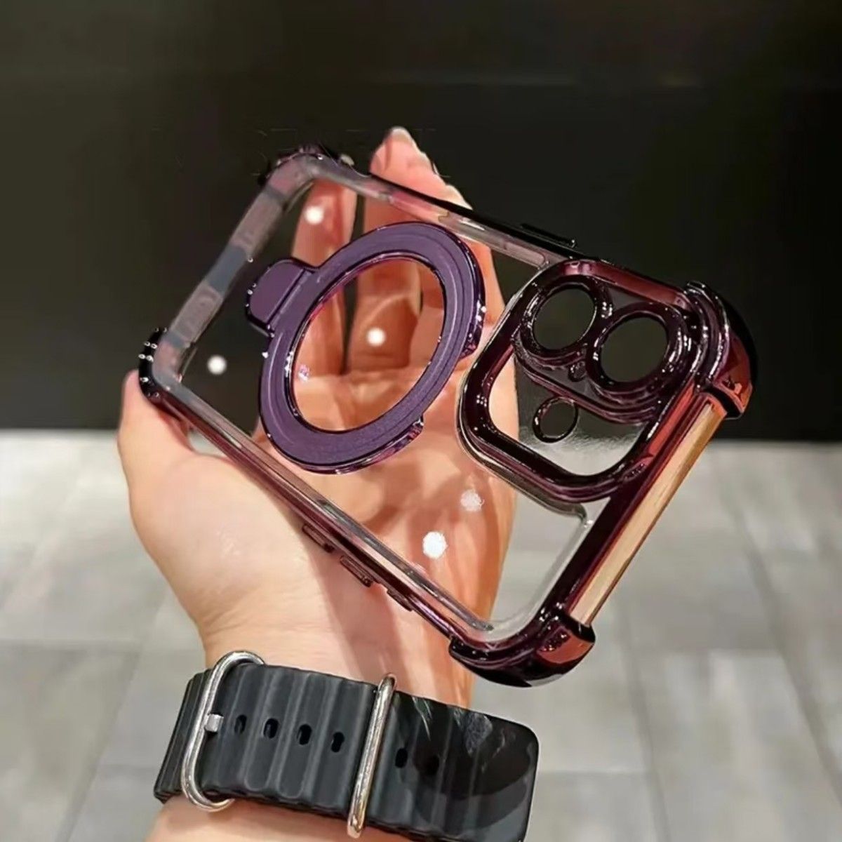 Custodia rigida trasparente elettrolitica per iPhone 16/15 con airbag sui 4 angoli e supporto magnetico - Antiurto e antigraffio_voghion.com