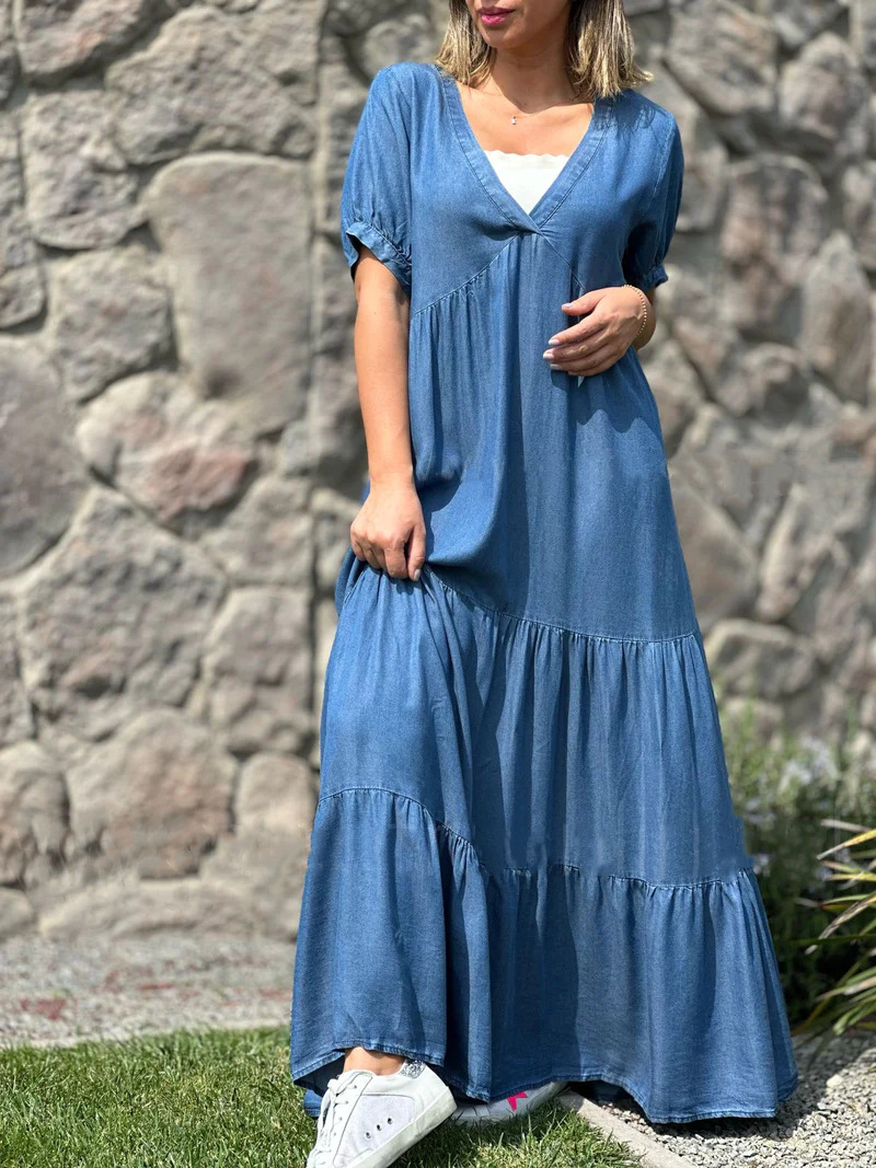 Gonna casual con scollo a V tinta unita in denim da donna, taglie forti_voghion.com