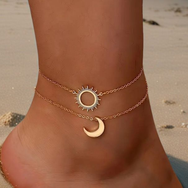 Set di gioielli a strati con catena a forma di sole e luna, ciondolo a forma di piede cavo per vacanze_voghion.com