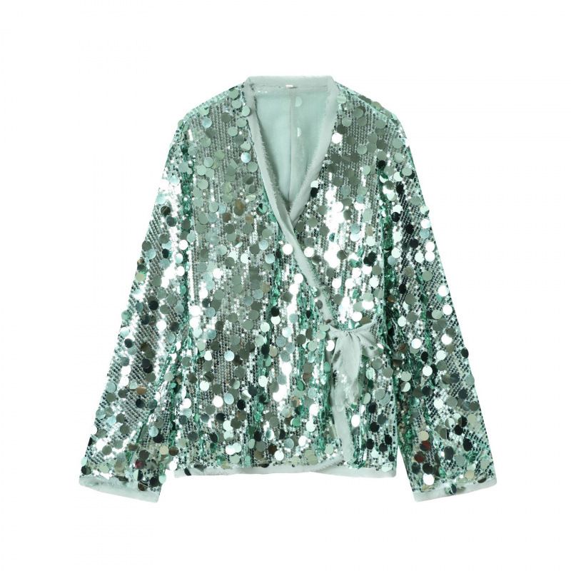Elegante camicetta in stile kimono con paillettes – Versatile top a maniche lunghe con scollo a V per donna (XS/S/M/L, Beige/Argento/Oro/Verde/Rosa)_voghion.com