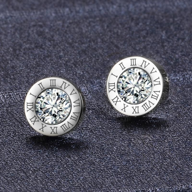Pendientes de acero de titanio con números romanos y diamantes redondos de moda simples, pendientes femeninos de red con temperamento de celebridad, pendientes que combinan con todo, tendencia_voghion.com