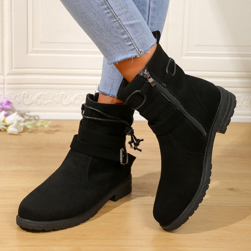 Short Booted Women's 2023 Autumn/winter New Round Head Martin Boots Side Zipper Belt Buckle Women's Boots_voghion.com