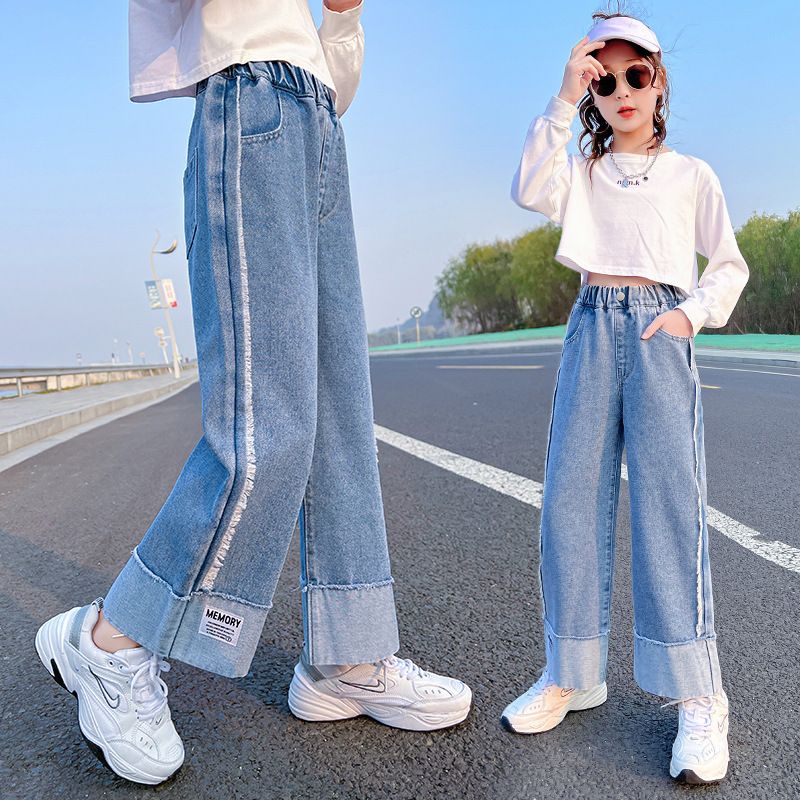 Mother&Kids Big Kids pants Girls denim pants Straight pants girls baggy wide-leg pants_voghion.com