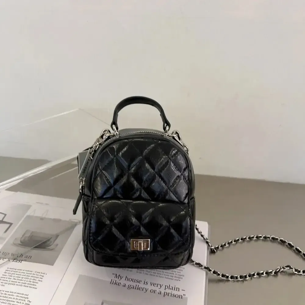 PU Vintage Argyle Leather Chain Hot Shoulder Bag With Bow Detail For School Everyday Use Backpack: &_voghion.com