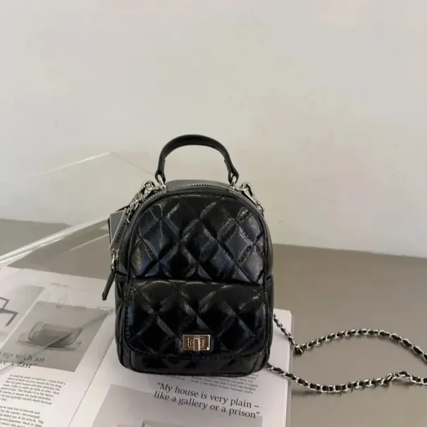 PU Vintage Argyle Leather Chain Hot Shoulder Bag With Bow Detail For School Everyday Use Backpack: &_voghion.com