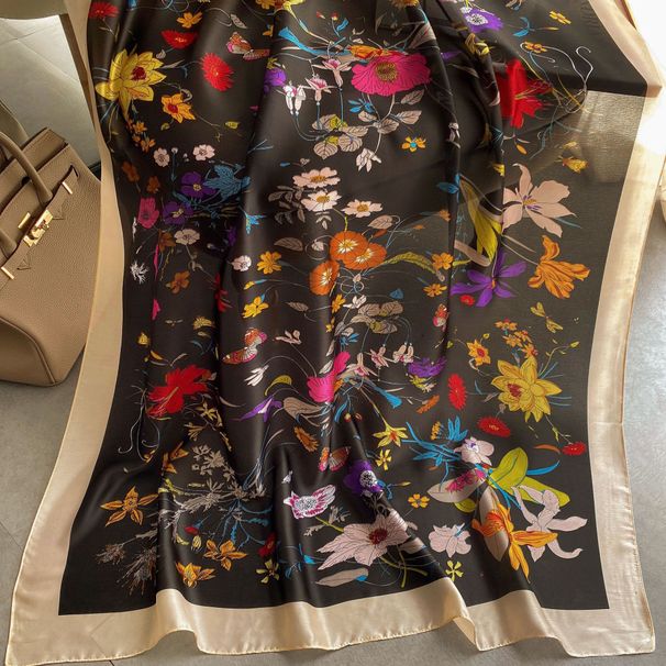 2021 Lente/Zomer Nieuwe Satijnen Bloemenprint Dames Zijden Decoratieve Sjaal Zonnebrandcrème Strand Effen Lange Sjaal_voghion.com