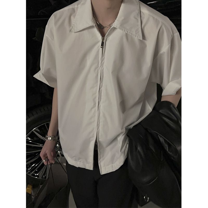 Korean version retro summer short sleeved design, niche zippered shirt, men's loose and high-end jacket, summer shirt trend_voghion.com