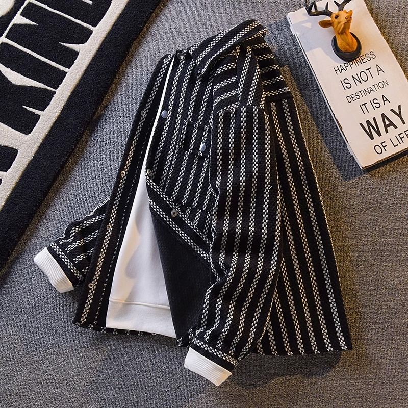 Camicia casual da uomo in denim a righe retrò - Giacca con bottoni e vestibilità ampia per primavera e autunno_voghion.com