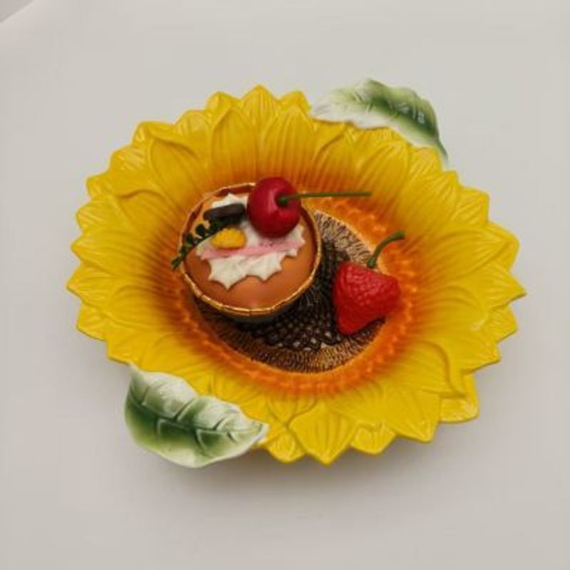 Enamel Porcelain Hand Painted Relief 8inch Double Ear Ins Style 3D Sunflower Edge Household Ceramic Plate_voghion.com