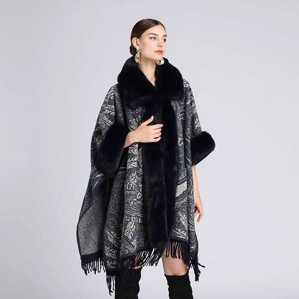 Woolen collar cape cape jacquard loose fringe plus-size woolen coat lady_voghion.com