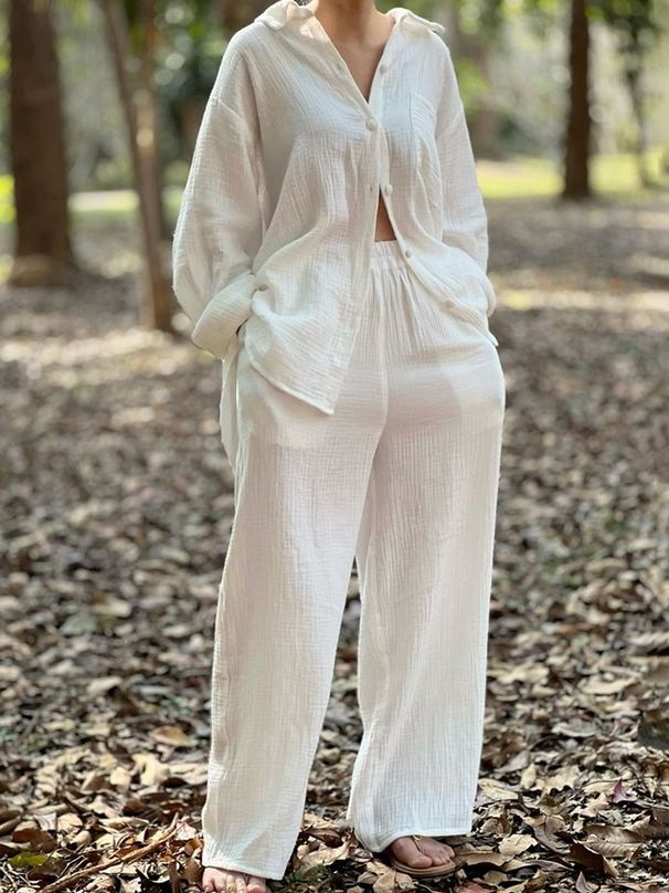Women's Clothing Casual Long Sleeve Shirt & Pants Set Soft Cotton Blend Lounge Wear, Solid Color Matching Outfit (White, Jade Green, Apricot)_voghion.com