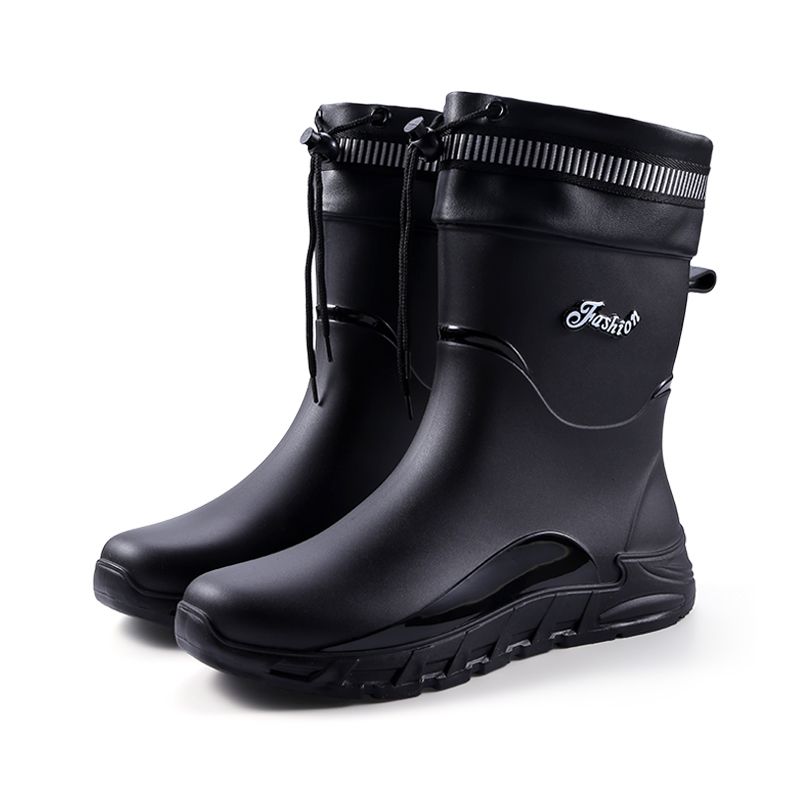 WalkPrime Drawsring Men's Thick Sole Mid-calf Waerproof Rain Boos Elasic Mouh Shoes For Riders Kichen Non-slip_voghion.com
