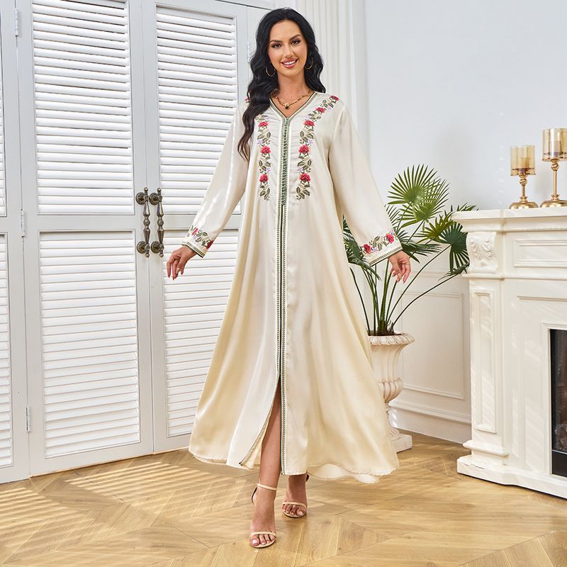 Robe d'été unie à broderies de Dubaï en Turquie_voghion.com