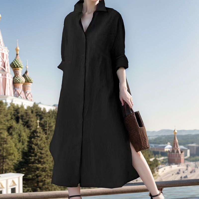 Damenbekleidung Farbe Langärmliges Strickjackenhemd Lässig Locker Unregelmäßig Schlitz Baumwolle Und Leinen Langer Rock_voghion.com