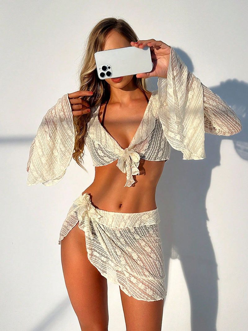 Costume da bagno da spiaggia, bikini, copricostume a maniche lunghe in rete da donna, set da quattro pezzi da donna_voghion.com