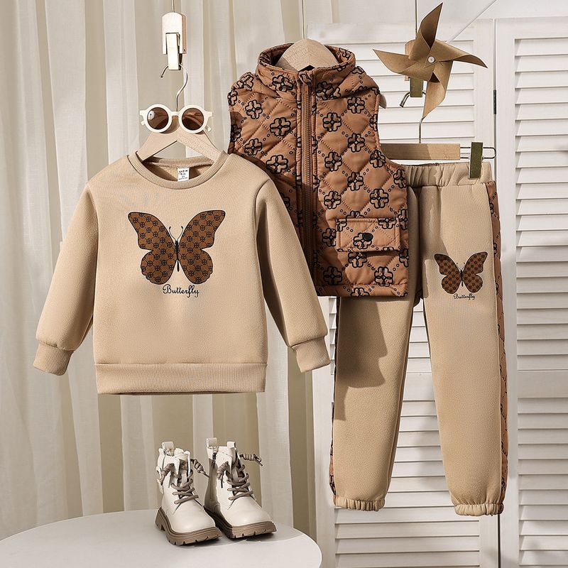 Conjunto de 3 peças de colete acolchoado + moletom com capuz e calça de patchwork infantil – Roupa quente de inverno (4 a 7 anos, cáqui)_voghion.com