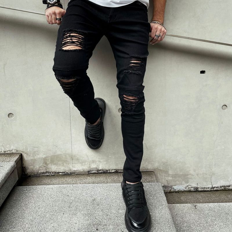 Jeans da uomo con buchi strappati, vestibilità slim, piedi piccoli, pantaloni a vita media per adolescenti, denim alla moda_voghion.com