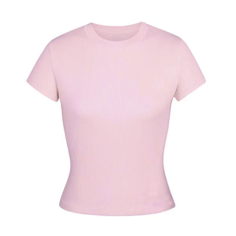 Maglietta da donna a maniche corte, elasticizzata, vestibilità slim, in cotone filato, scollo rotondo, fondo_voghion.com