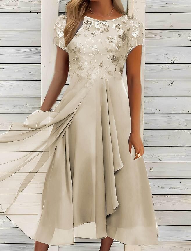 Vestido de chiffon com decote redondo e renda, longo, dama de honra, vestido de noite_voghion.com