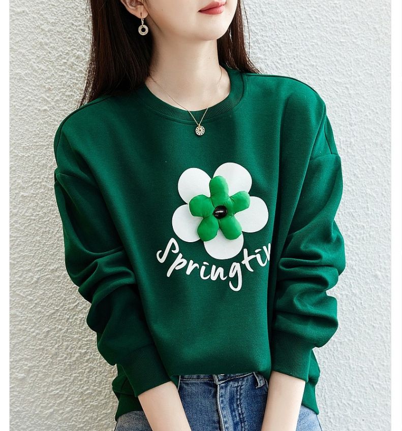2023 Spring and Autumn New Style Reduced Age Flower Round Neck Loose Beaded Floor Air Layer Fashion Printed Letter_voghion.com