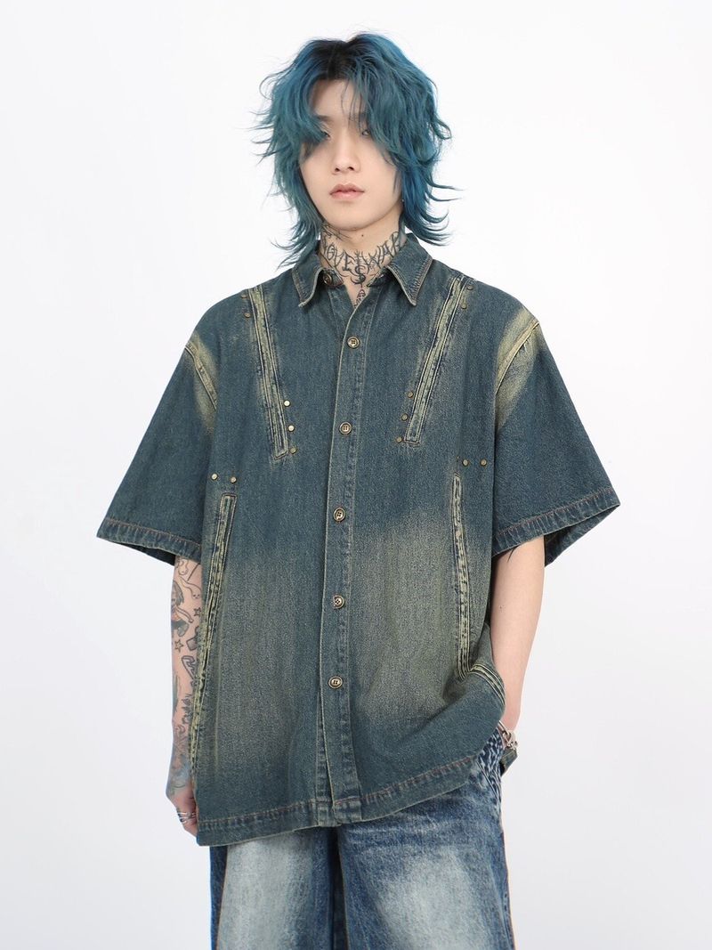 Men's Clothing Washed Gradient Deconstructed Short Sleeved Denim Shirt For Men New Design Niche Versatile Handsome Shirt_voghion.com