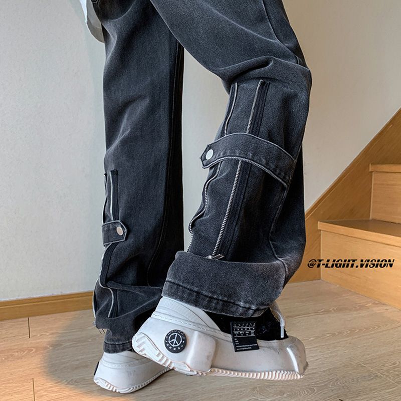 Men's Clothing American high street zipper jeans men's spring retro cool pants loose trendy wide-leg straight casual trousers_voghion.com