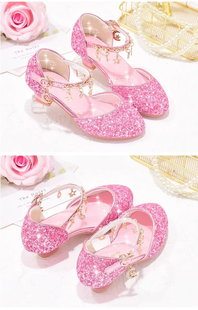 Girls shoes Children glitter performance high heels gold powder silver four seasons children princess glass shoes_voghion.com