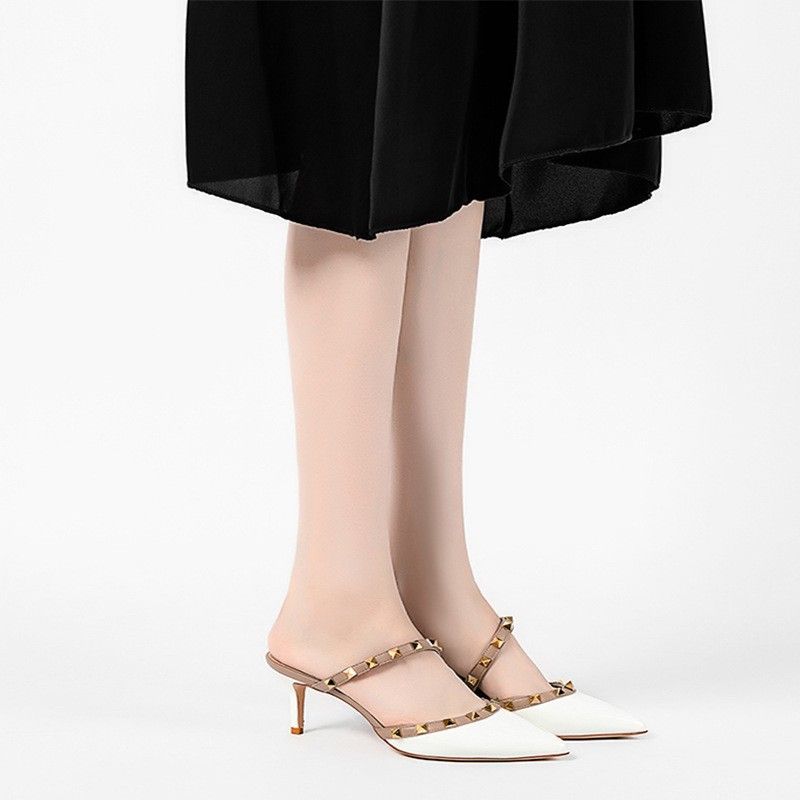 V Home 20A6-2 Baotou Sandals Women's High French Pointed Fine Heels Rivet Strap Cold Slippers_voghion.com