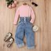 Abbigliamento per bambini e bambine, tinta unita, a maniche lunghe, con collo alto, pantaloni in denim arricciati, set da due pezzi_voghion.com