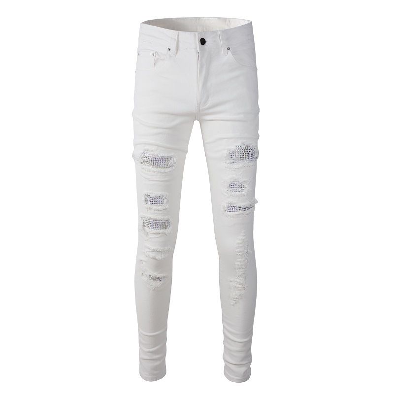 Jeans elasticizzati bianchi con toppe a rombi e fori per il commercio estero da uomo, pantaloni slim da uomo in denim dritto, pantaloni da uomo 625_voghion.com