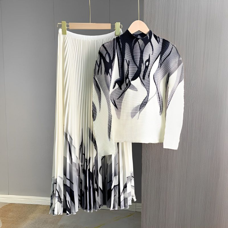 Ensemble élégant avec robe plissée et motif ondulé - Tenue deux pièces élégante pour femme, tenue de bureau et tenue décontractée_voghion.com