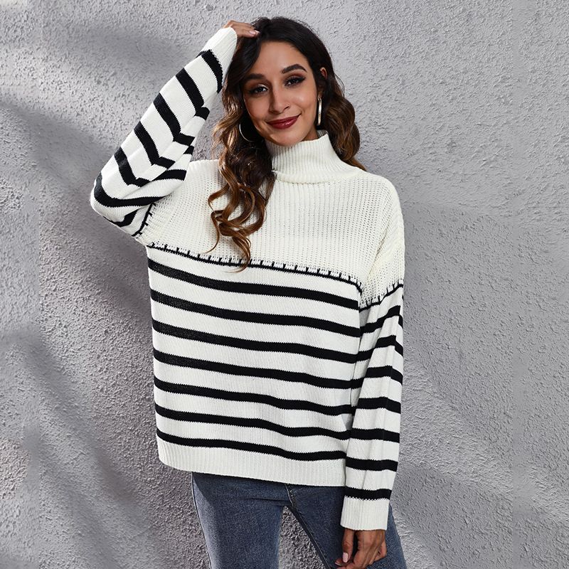 Maglione lavorato a maglia a collo alto con spalle scoperte a righe patchwork per nuovi abiti da donna autunnali e invernali sciolti_voghion.com