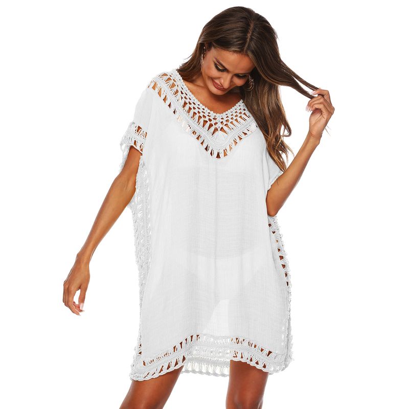 Camicetta patchwork con scollo a V in tinta unita da donna, camicetta da spiaggia allentata cava sexy Cover-up_voghion.com