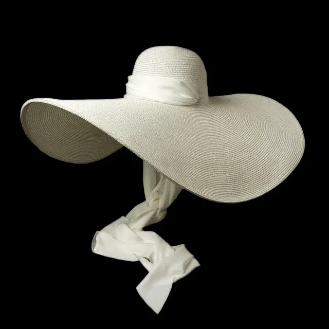 Sombrero Derby Kuntucky de paja gigante para playa, de ala ancha, color blanco, de 25 cm, con lazo de seda suave y extragrande para mujer_voghion.com