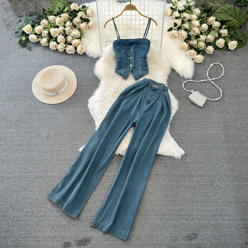 damdesign axelbandslös denim camisole tvådelad uppsättning hög midja mellanlång höftkjol sommar_voghion.com