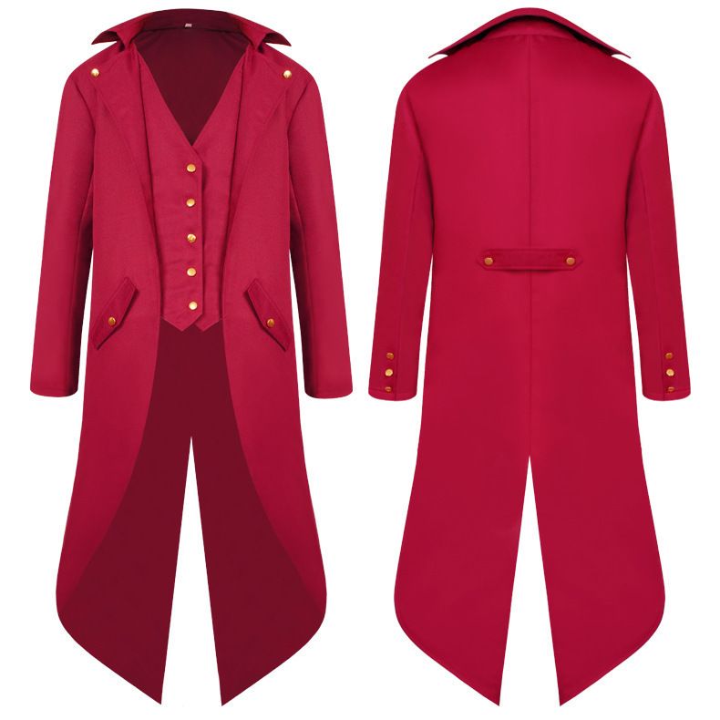 Einfarbiges langärmeliges Herrenkleid mit unregelmäßigen Knöpfen, mittelalterlicher Frack_voghion.com