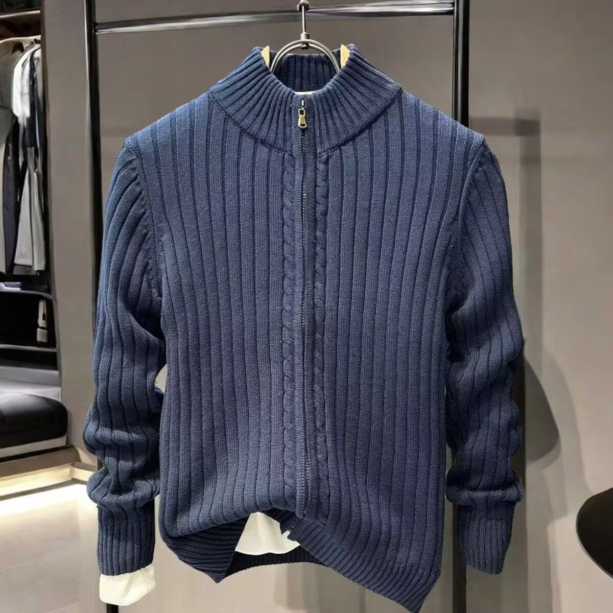 Japanese Minimalist Knit Cardigan – Vintage-Inspired Stand Collar Sweater (Unisex, Oversized Fit) In Classic Grey & Navy_voghion.com