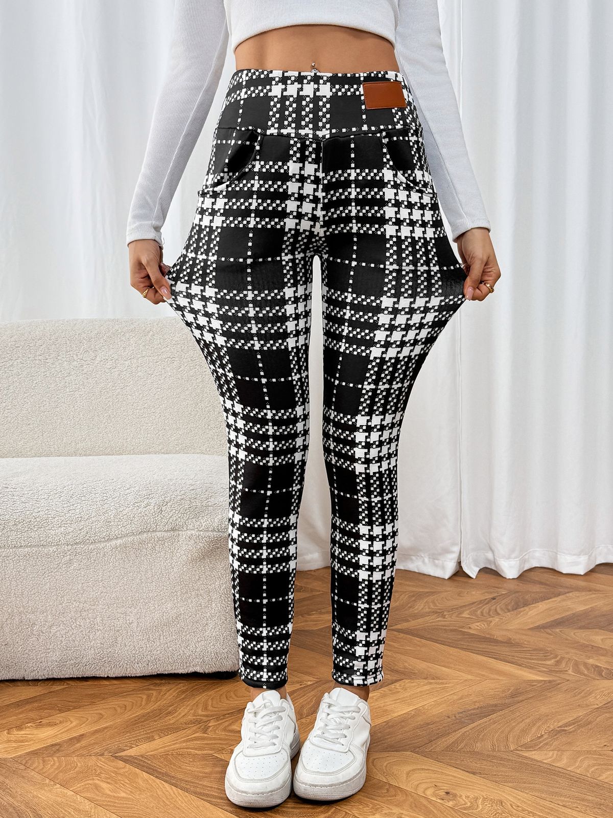 Leggings foderati in pile con tasche, modello scozzese, vestibilità slim, modello scozzese, modello da donna, modello scozzese, modello a quadri, modello a quadri, pantaloni invernali caldi e comodi_voghion.com