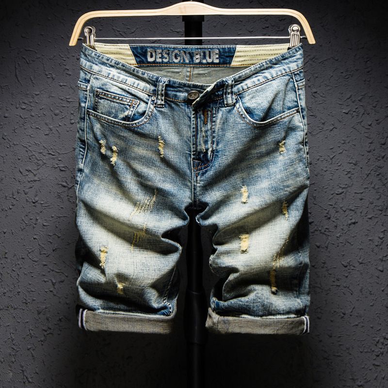 Abbigliamento da uomo Pantaloncini in denim da uomo Pantaloni a quarti strappati da uomo Pantaloni medi a 5 quarti di tendenza retrò larghi estivi_voghion.com