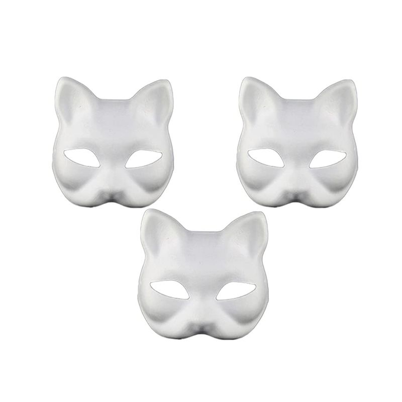 3PCS Therian Masks White Cat Masks Blank DIY Halloween Mask Animal Half Facemasks Masquerade Cosplay Party_voghion.com