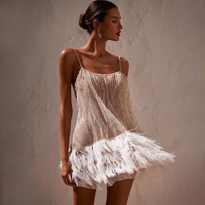 Damenbekleidung Partykleid Sexy rückenfreier kurzer Rock mehrlagiger Quasten-Netz-Pailletten-Hosenträgerrock_voghion.com