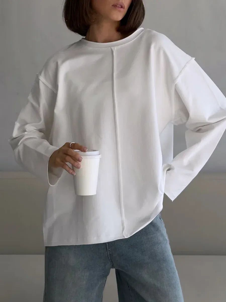 Abbigliamento da donna T-shirt a maniche lunghe in cotone effetto consumato Top oversize in morbida maglia Loopwheel da donna - Bianco, Nero, Rosa, Verde, Rosa_voghion.com