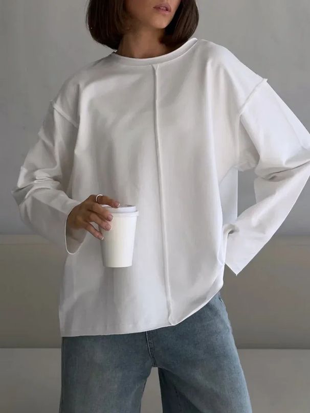 Abbigliamento da donna T-shirt a maniche lunghe in cotone effetto consumato Top oversize in morbida maglia Loopwheel da donna - Bianco, Nero, Rosa, Verde, Rosa_voghion.com