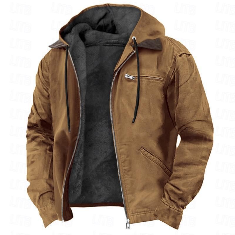 Giacca casual da uomo in velluto con cerniera e cappuccio in cotone tinta unita_voghion.com