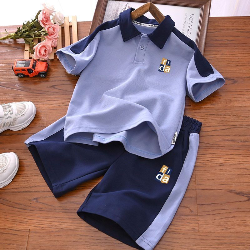 Zēnu vasaras jaunais krāsu bloks, lieliem zēniem, korejiešu izdevums, moderns polo kakla tops ar uzrakstu un šorti, divdaļīgs komplekts, moderns_voghion.com