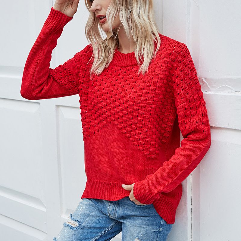 Damen-Pullover mit Rundhalsausschnitt für Damen, einfarbig, langärmelig, hohler Pullover_voghion.com